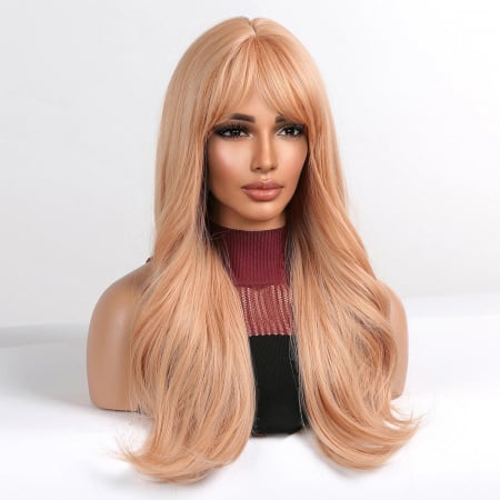 Peruca C1040 Blonda Roz Blond Roze Piersica Cu Breton Si Par Ondulat [1]