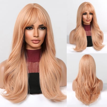 Peruca C1040 Blonda Roz Blond Roze Piersica Cu Breton Si Par Ondulat [4]