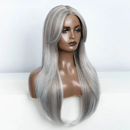 Peruca C1072 FRONT LACE Gri Cu Suvite Si Breton Lung [2]