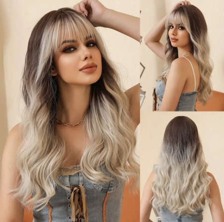 PERUCI CU PAR LUNG - Peruca C1204 Blonda Satena Ombre cu Breton Blond Platinat Gri