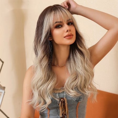 Peruca C1204 Blonda Satena Ombre cu Breton Blond Platinat Gri [3]