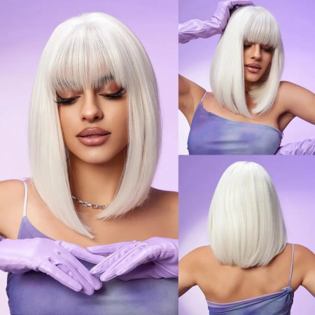 PERUCI CU PAR SCURT - Peruca C1217 Blonda Bob Gri Cu Breton (Blond Platinat)