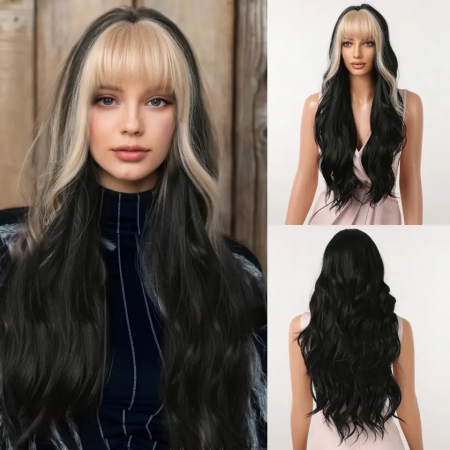 PERUCI CU PAR LUNG - Peruca C1285 Bruneta cu Breton Blond si Par Ondulat