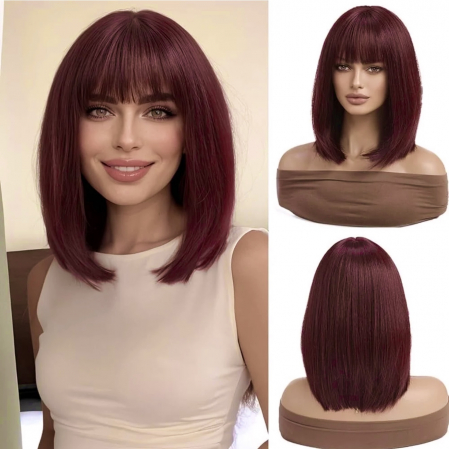 Peruca C1366 Roscata Bob Lung Cu Breton Roscat Inchis Visiniu [0]