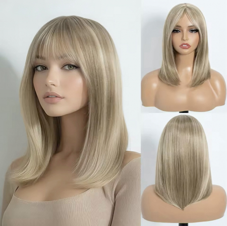 PERUCI CU PAR MEDIU - Peruca C1367 Blonda Blond Cenusiu Cu Breton Lung Si Suvite Blonde