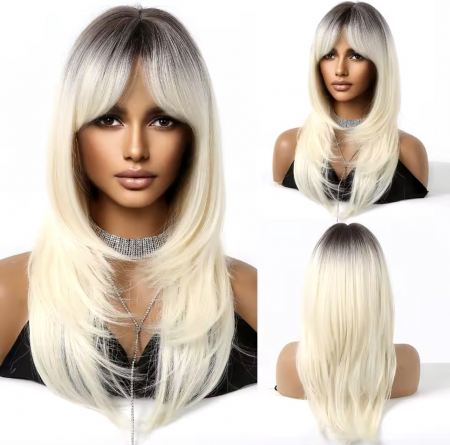 Peruca C1382 Blonda Platinata Ombre cu Breton Lung si Par Filat [4]