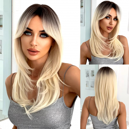 PERUCI - Peruca C1382 Blonda Platinata Ombre cu Breton Lung si Par Filat