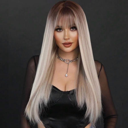 PERUCI - Peruca C1451 Gri Blonda Ombre Cu Breton Blond Platinat Baza Satena