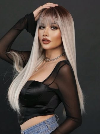 Peruca C1451 Gri Blonda Ombre Cu Breton Blond Platinat Baza Satena [1]