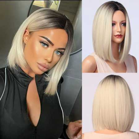 PERUCI - Peruca C1461 Blonda Bob Ombre Cu Baza Bruneta - Blond Platinat