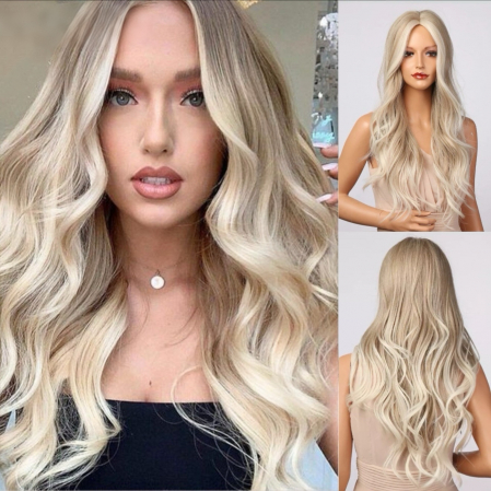 PERUCI CU PAR LUNG - Peruca C1529 Blonda Satena Ombre Cu Suvite Blond Deschis Ondulata