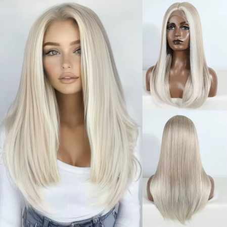PERUCI - Peruca C1557 FRONT LACE Blonda Gri Satena Blond Platinat cu Suvite Frontale + Baby Hair (dantela la baza)
