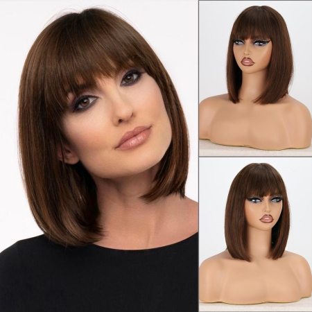 PERUCI CU PAR MEDIU - Peruca C1703 Satena Bob Cu Breton Si Suvite Castanii