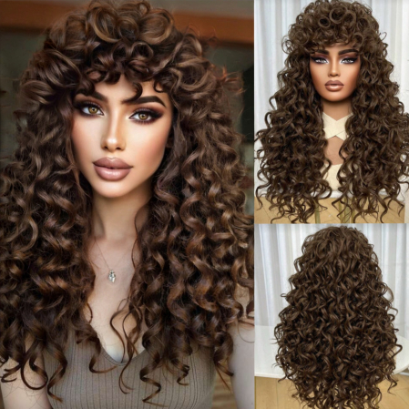 PERUCI CU PAR LUNG - Peruca C1711 Afro Satena Castanie Creata Cu Breton Si Extra Volum