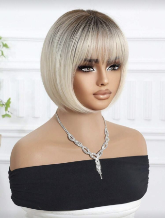 Peruca C1723 Blonda Bob Ombre Gri Blond Platinat Cu Breton Baza Satena [1]