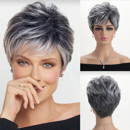 PERUCI CU PAR SCURT - Peruca C1730 Gri Grizonata Cu Breton Si Suvite Gri