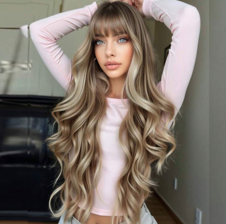 PERUCI CU PAR LUNG - Peruca C1740 Blonda Ondulata Cu Breton Si Bucle Ombre - Blond Cenusiu