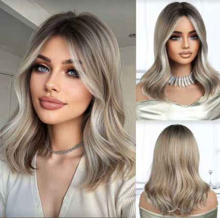 PERUCI CU PAR SCURT - Peruca C1742 Blonda Cenusie Cu Breton Lung Si Suvite