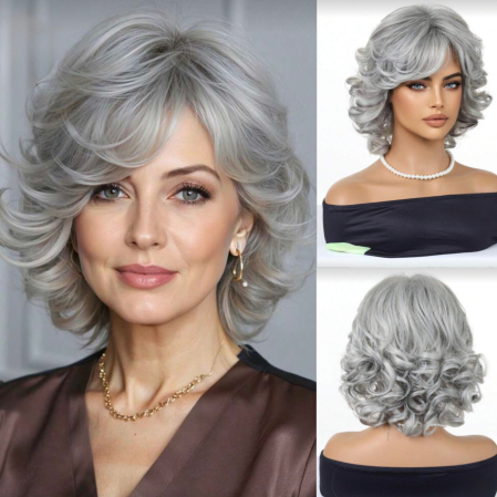 PERUCI CU PAR MEDIU - Peruca C1757 Gri Grizonata Cu Breton Si Suvite Blonde Ombre Ondulata