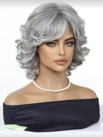 Peruca C1757 Gri Grizonata Cu Breton Si Suvite Blonde Ombre Ondulata [2]