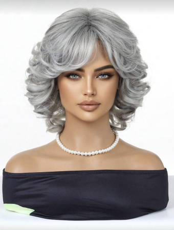 Peruca C1757 Gri Grizonata Cu Breton Si Suvite Blonde Ombre Ondulata [1]