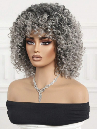 Peruca C60 Blonda Gri Afro cu Breton Par Cret [4]
