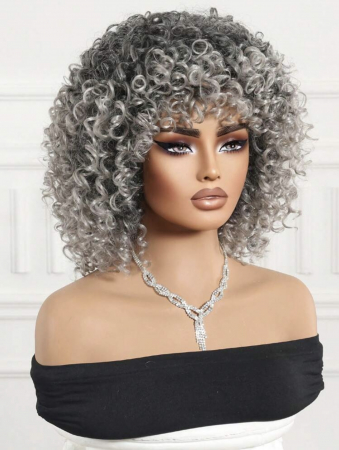 Peruca C60 Blonda Gri Afro cu Breton Par Cret [3]