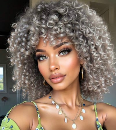 PERUCI - Peruca C60 Blonda Gri Afro cu Breton Par Cret