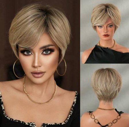 PERUCI CU PAR SCURT - Peruca C639 Blond Cenusiu Cu Breton Blonda Scurta Filata