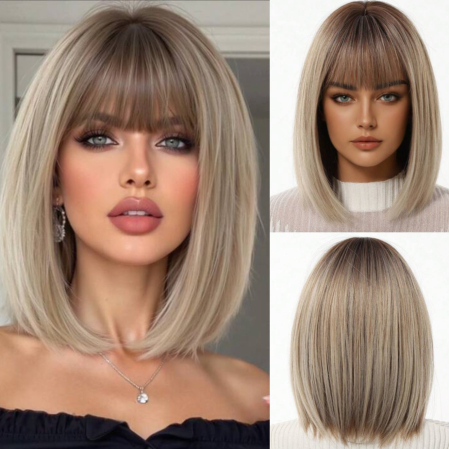 PERUCI - Peruca C77 Blonda Breton Bob Ombre Scurta Blond Cenusiu