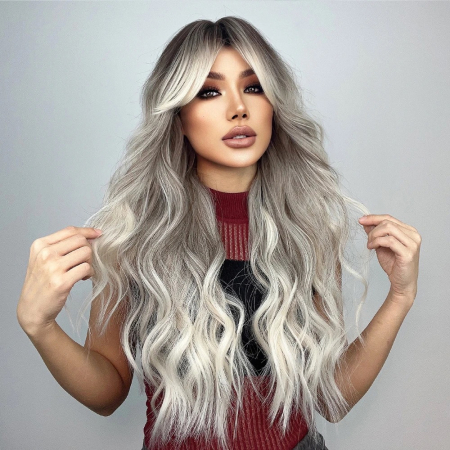 PERUCI CU PAR LUNG - Peruca C999 Blonda Ombre Platinata Baza Satena Cu Breton Lung