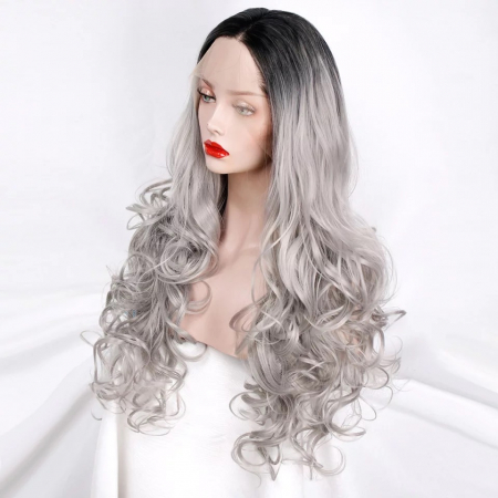Peruca C260 FRONT LACE Blonda Baza Bruneta Gri Platinata Par Ondulat Volum [2]
