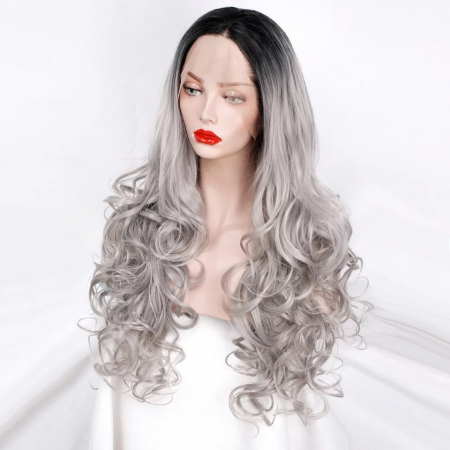 Peruca C260 FRONT LACE Blonda Baza Bruneta Gri Platinata Par Ondulat Volum [1]