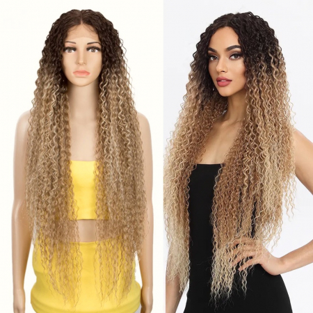PERUCI - Peruca C888 FRONT LACE Blonda Baza Satena Ombre Blond Cenusiu Afro Creata Cu Volum
