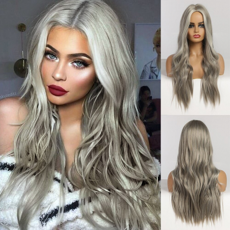 PERUCI CU PAR LUNG - Peruca C992 Gri Silver Cu Suvite Blond Deschis