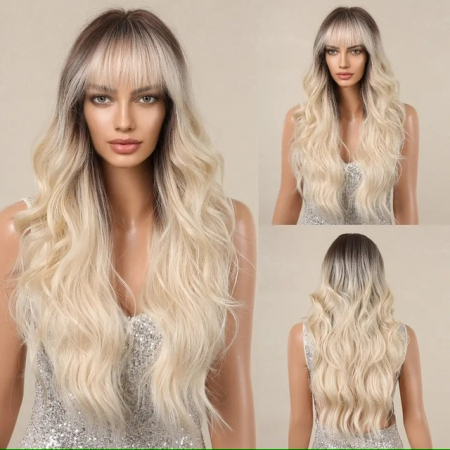 PERUCI CU PAR LUNG - Peruca C59 Blonda Ombre Cu Breton Creata Blond Platinat Gri Cu Suvite