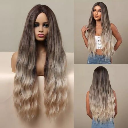 PERUCI CU PAR LUNG - Peruca C916 Satena Blonda Ombre Gri Blond Platinat Par Cret