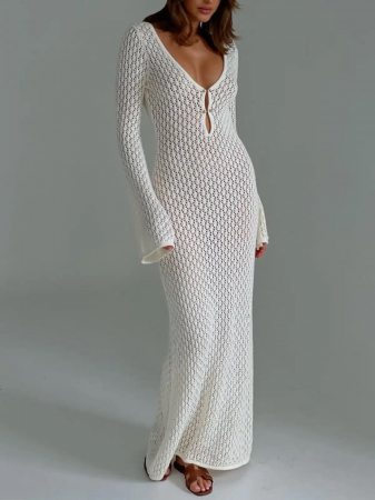 COSTUME INTREGI - Rochie C1172 Mokki Crosetata Cu Maneci Largi