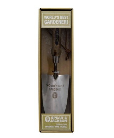Plantatoare - Plantator in ambalaj cadou cu lama inox, maner lemn, gravat World's Best Gardener, Spear & Jackson