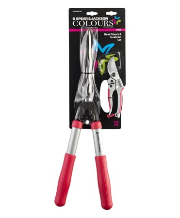 Seturi unelte gradinarit - Set cadou cu doua foarfeci, pentru gard viu si gradinarit tip bypass, manere roz, Spear & Jackson Colours