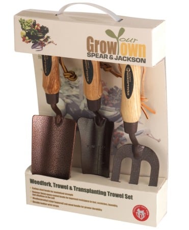Scule si unelte - Set gradinarit cadou cu trei piese cu lame otel carbon vopsite, manere lemn, Spear & Jackson Elements
