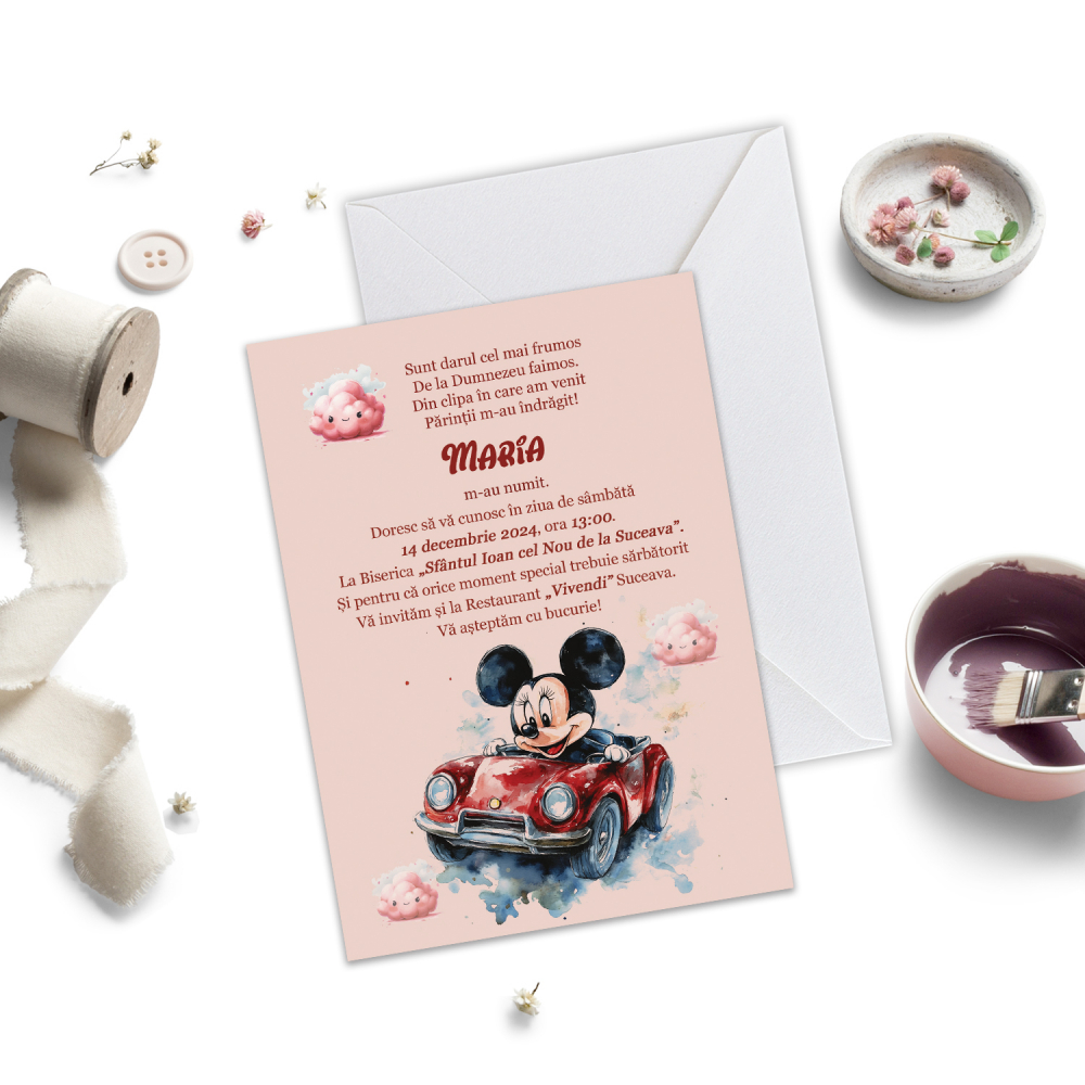 Invitație de Botez Minnie Mouse Car [1]