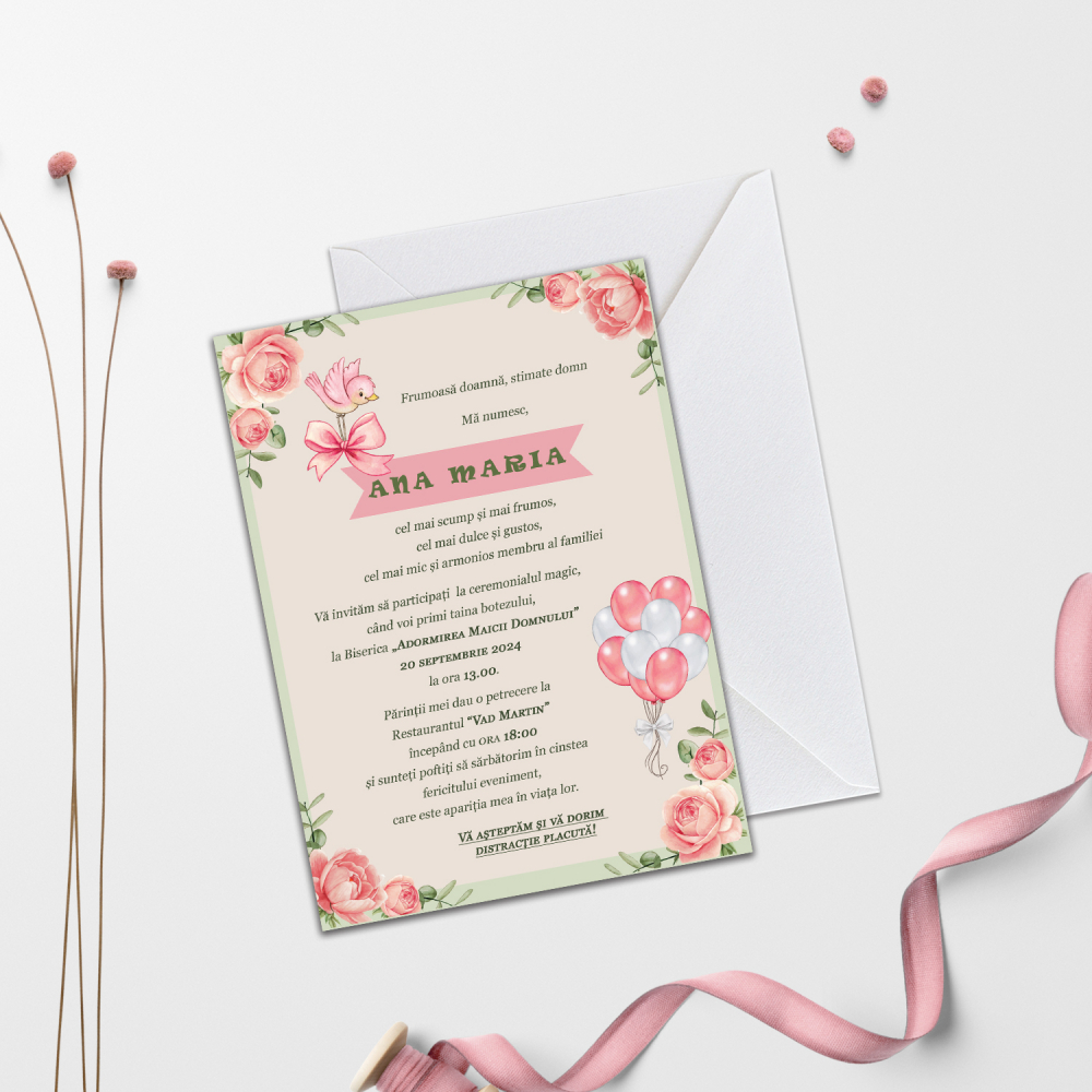 Invitație de Botez Trandafiri Roz [1]