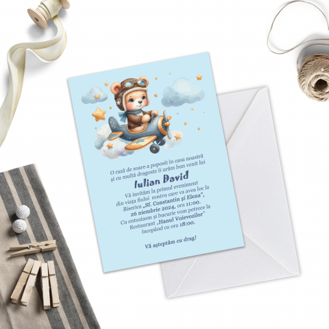Invitatii de Botez Catalog damageStudio - Invitație de Botez Bear Plane
