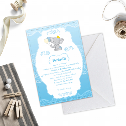 Invitatii de Botez Catalog damageStudio - Invitație de Botez Elefantel Blue