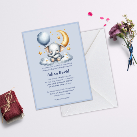 Invitatii de Botez Catalog damageStudio - Invitație de Botez Elefantel Norisor Boy
