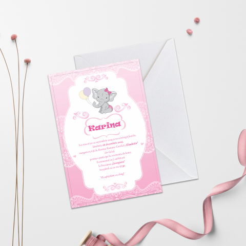 Invitatii de Botez Catalog damageStudio - Invitație de Botez Elefantel Roz