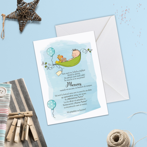 Invitatii de Botez Catalog damageStudio - Invitație de Botez Frunza Leagan Blue