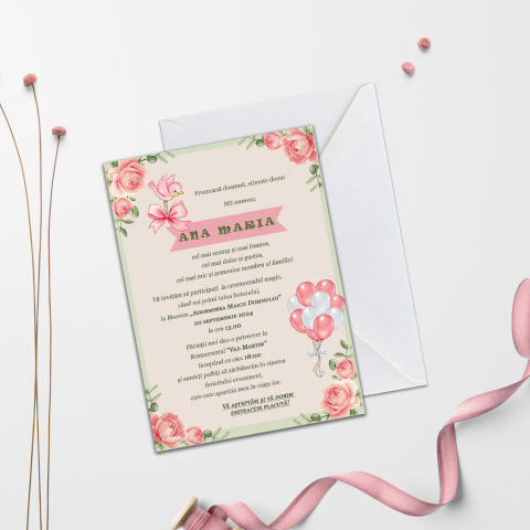 Invitatii de Botez Catalog damageStudio - Invitație de Botez Trandafiri Roz