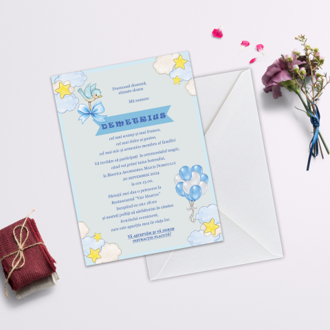 Invitatii de Botez Catalog damageStudio - Invitație de Botez Trandafiri Blue